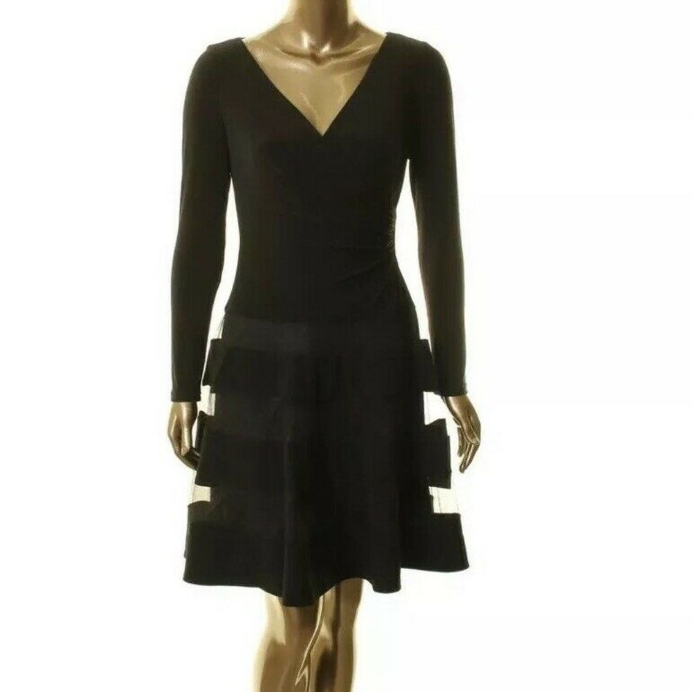 LAUREN RALPH LAUREN, Tulle Trim Side, Ruched, Fit & Flare, Black Dress, Size 8